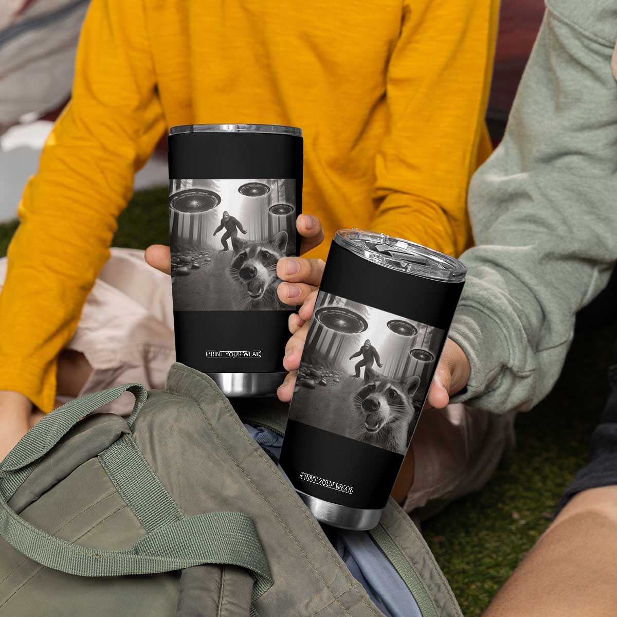 Raccoon Selfie With Bigfoot UFO Tumbler Cup Funny Feral Lover Gifts TS10 Print Your Wear