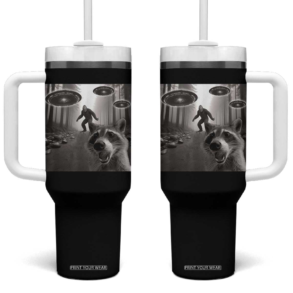 Raccoon Selfie With Bigfoot UFO Tumbler With Handle Funny Feral Lover Gifts - Print Your Wear