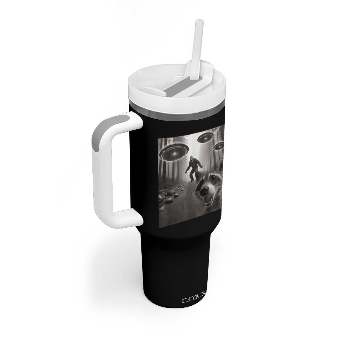 Raccoon Selfie With Bigfoot UFO Tumbler With Handle Funny Feral Lover Gifts TS10 Print Your Wear