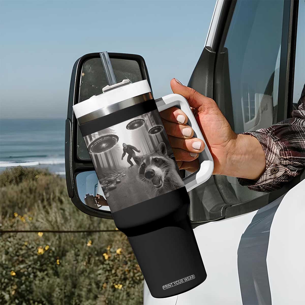 Raccoon Selfie With Bigfoot UFO Tumbler With Handle Funny Feral Lover Gifts TS10 Print Your Wear