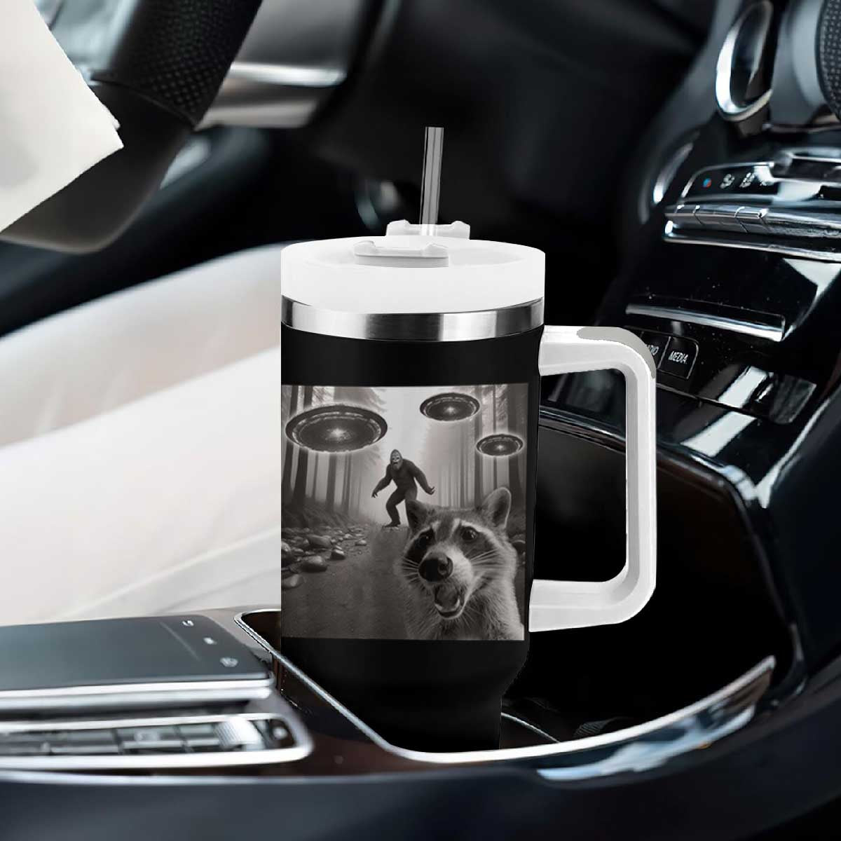Raccoon Selfie With Bigfoot UFO Tumbler With Handle Funny Feral Lover Gifts TS10 Print Your Wear