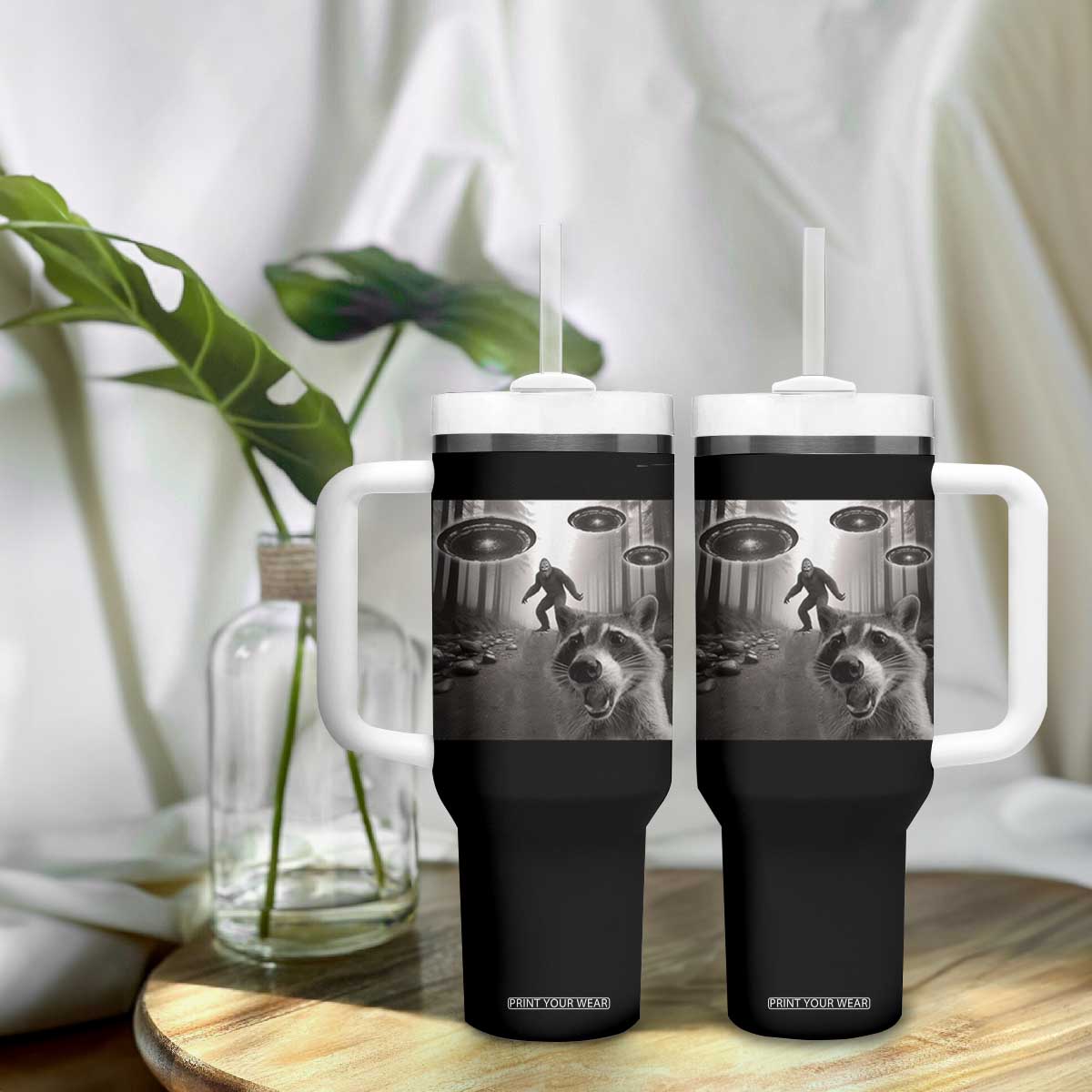 Raccoon Selfie With Bigfoot UFO Tumbler With Handle Funny Feral Lover Gifts TS10 Print Your Wear