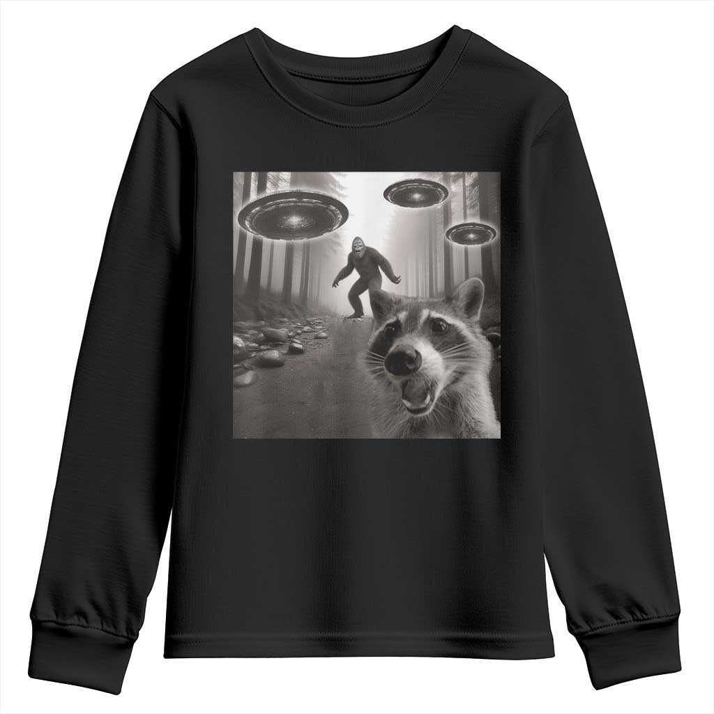 Raccoon Selfie With Bigfoot UFO Youth Sweatshirt Funny Feral Lover Gifts TS10 Black Print Your Wear
