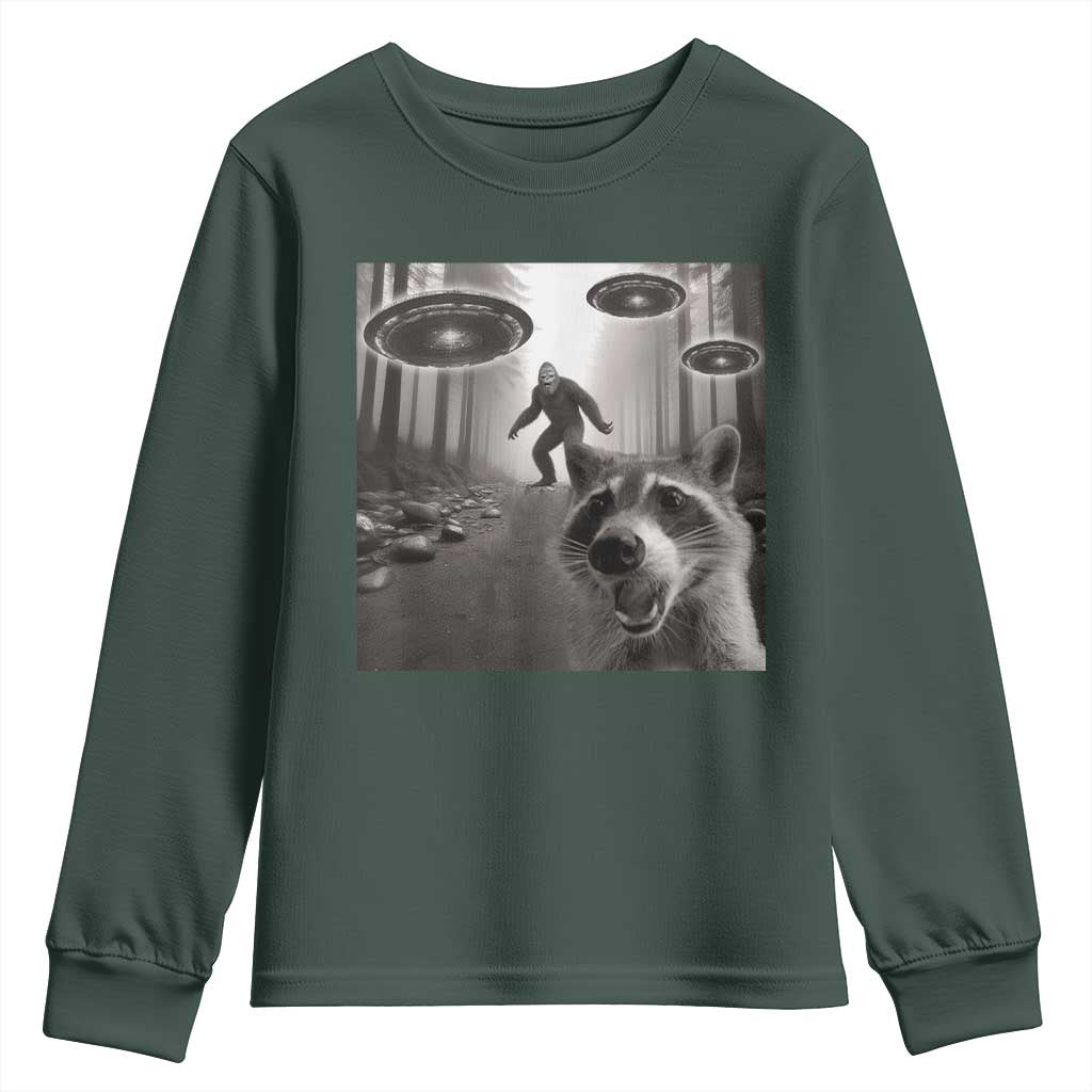 Raccoon Selfie With Bigfoot UFO Youth Sweatshirt Funny Feral Lover Gifts TS10 Dark Forest Green Print Your Wear