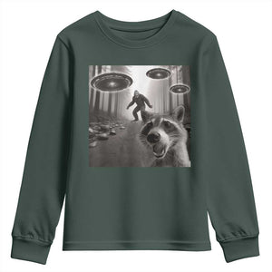 Raccoon Selfie With Bigfoot UFO Youth Sweatshirt Funny Feral Lover Gifts TS10 Dark Forest Green Print Your Wear