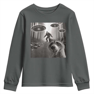 Raccoon Selfie With Bigfoot UFO Youth Sweatshirt Funny Feral Lover Gifts TS10 Dark Heather Print Your Wear