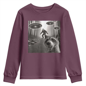 Raccoon Selfie With Bigfoot UFO Youth Sweatshirt Funny Feral Lover Gifts TS10 Maroon Print Your Wear