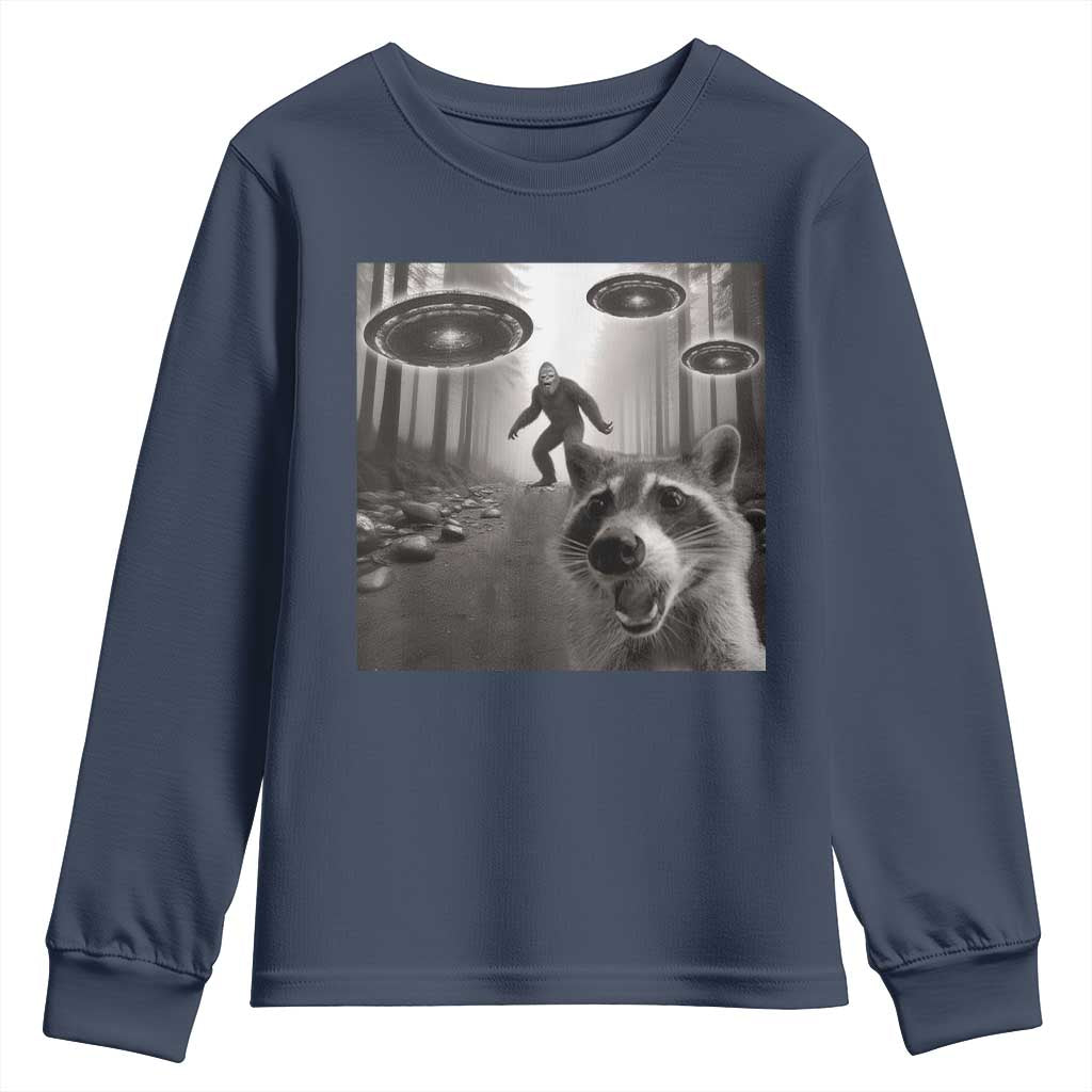 Raccoon Selfie With Bigfoot UFO Youth Sweatshirt Funny Feral Lover Gifts TS10 Navy Print Your Wear