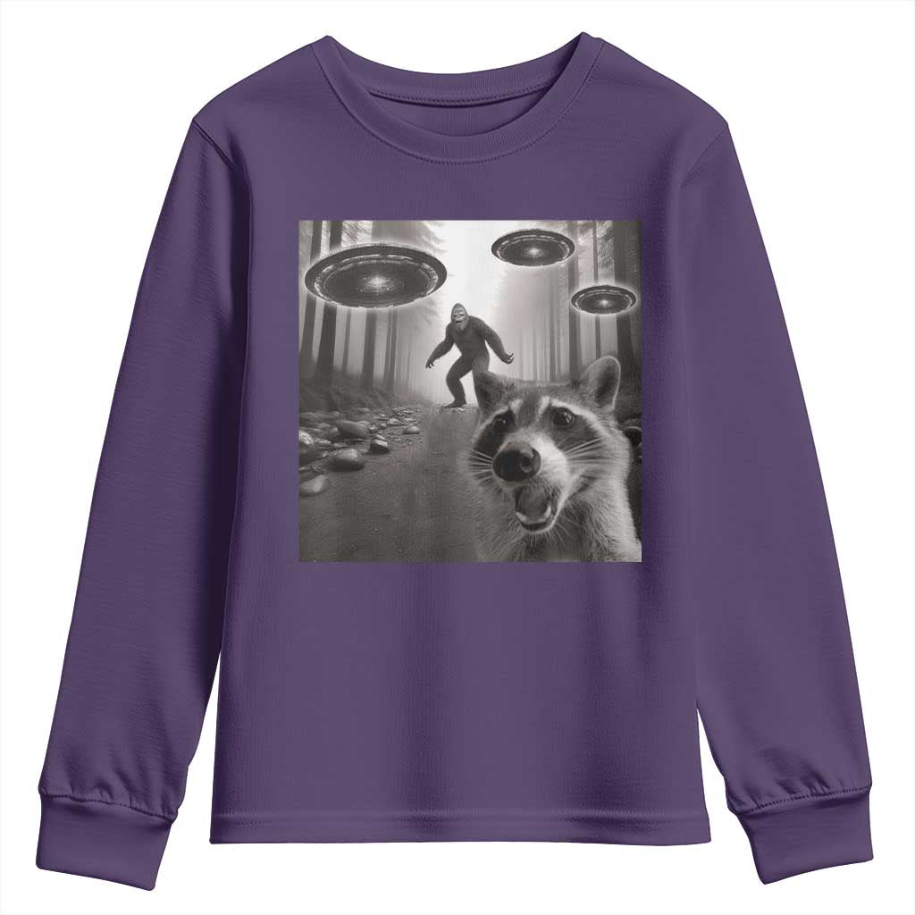 Raccoon Selfie With Bigfoot UFO Youth Sweatshirt Funny Feral Lover Gifts TS10 Purple Print Your Wear