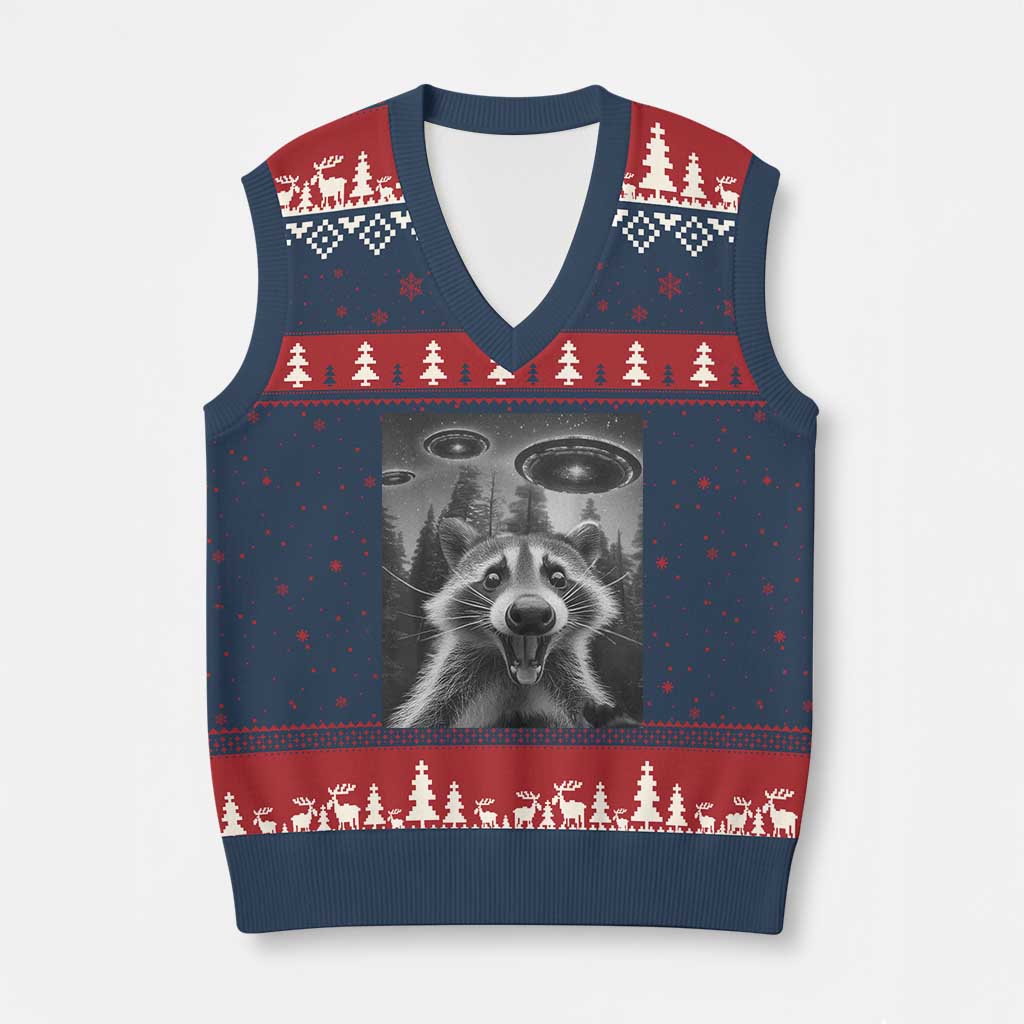 Racoon Meme V-Neck Knit Sweater Vest Selfie With Alien UFO TS10 Navy Red Print Your Wear