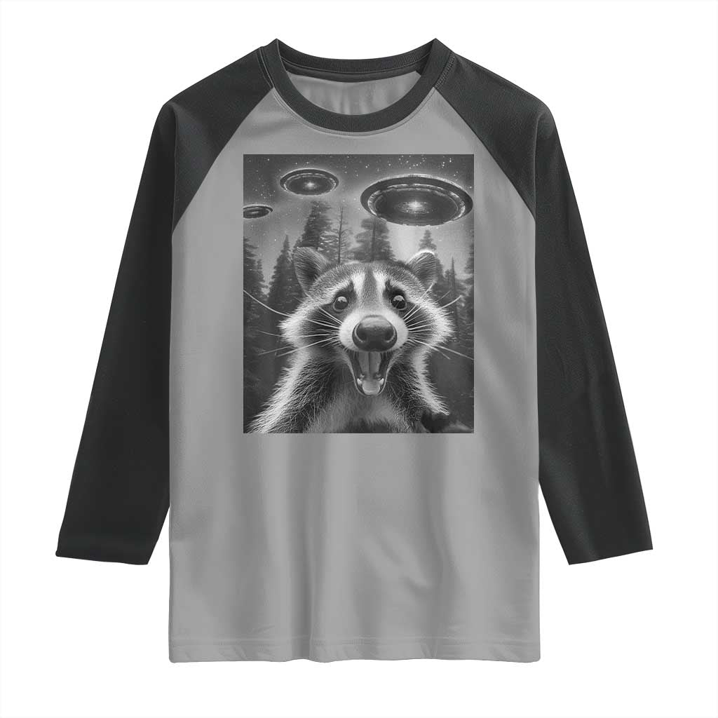 Racoon Meme Raglan Shirt Selfie With Alien UFO TS10 Sport Gray Black Print Your Wear