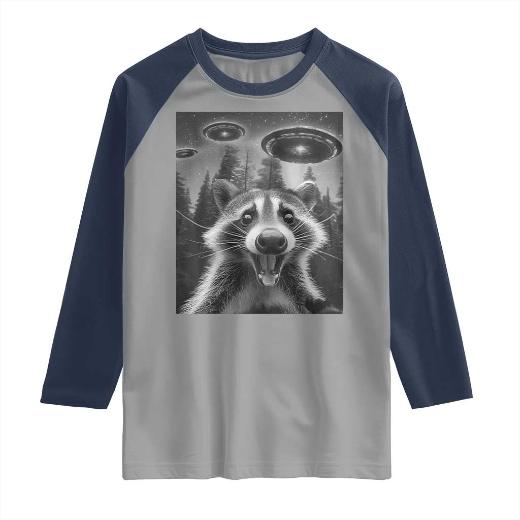 Racoon Meme Raglan Shirt Selfie With Alien UFO TS10 Sport Gray Navy Print Your Wear