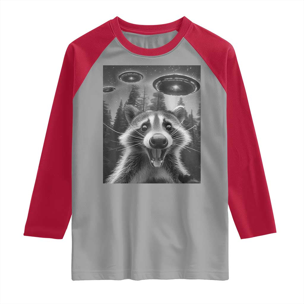 Racoon Meme Raglan Shirt Selfie With Alien UFO TS10 Sport Gray Red Print Your Wear