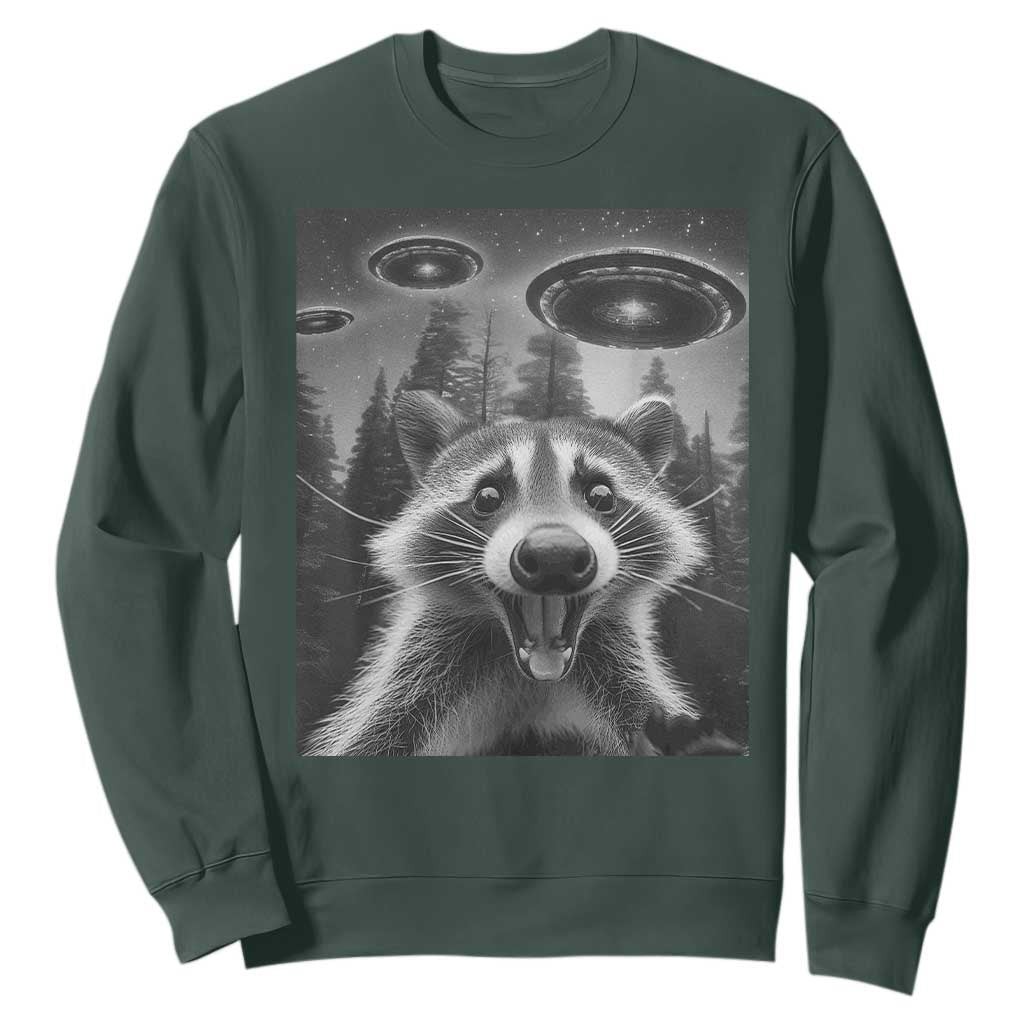 Racoon Meme Sweatshirt Selfie With Alien UFO TS10 Dark Forest Green Print Your Wear