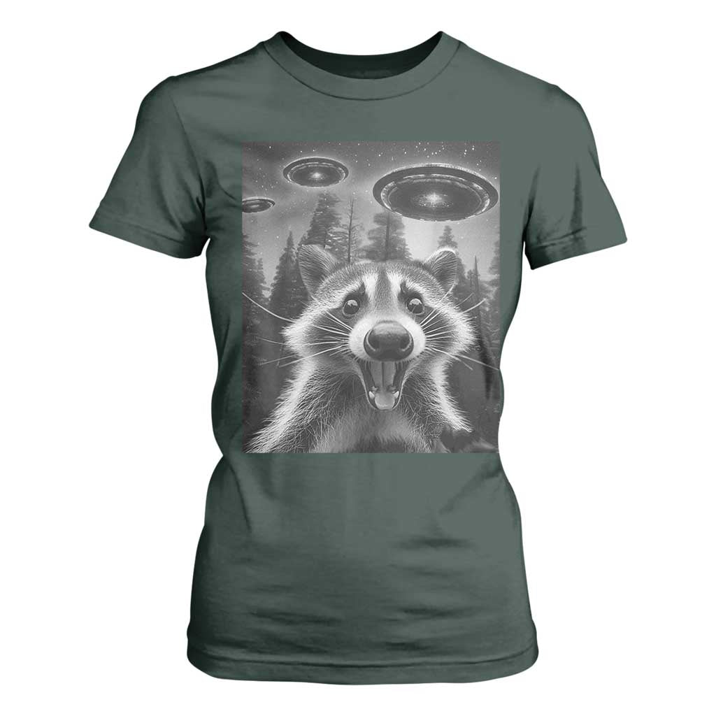 Racoon Meme T Shirt For Women Selfie With Alien UFO TS10 Dark Forest Green Print Your Wear