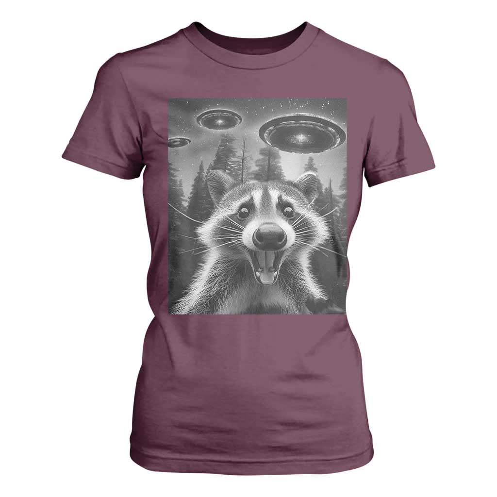 Racoon Meme T Shirt For Women Selfie With Alien UFO TS10 Maroon Print Your Wear