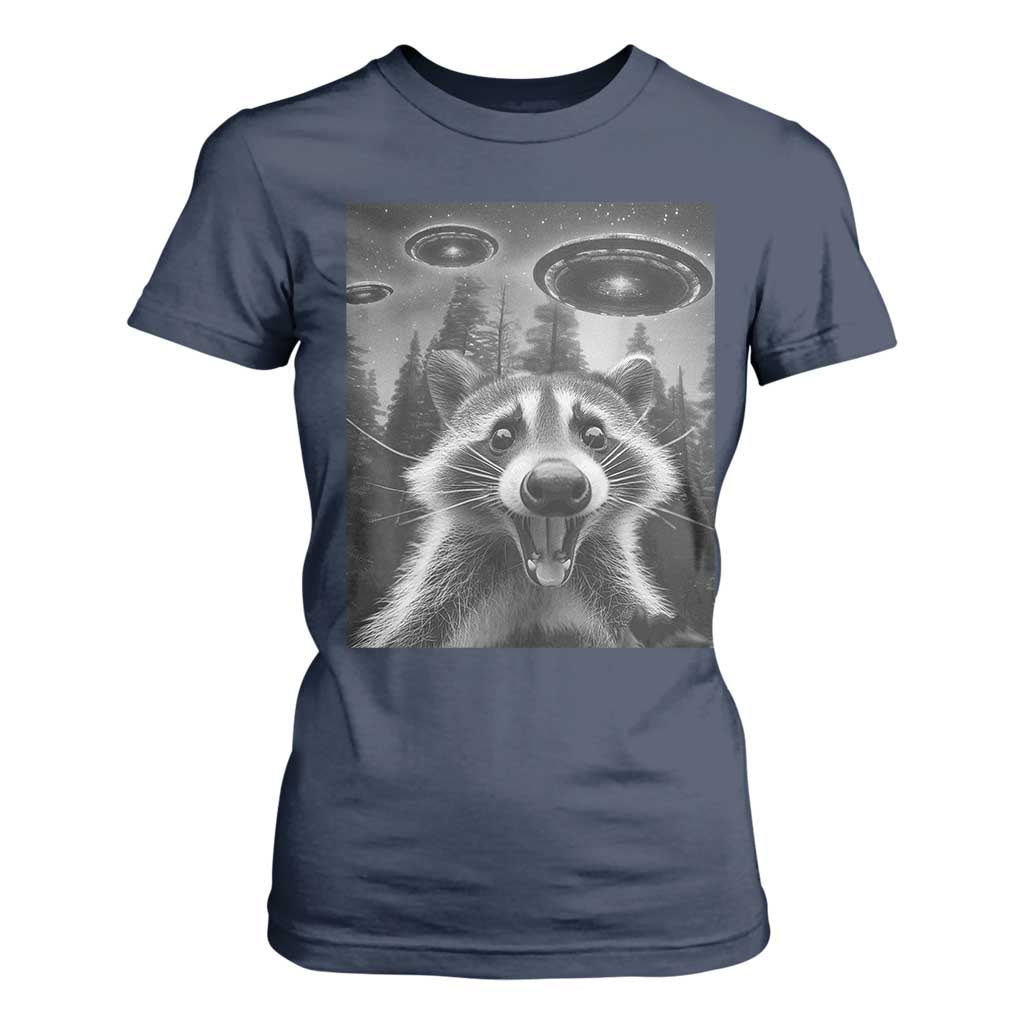 Racoon Meme T Shirt For Women Selfie With Alien UFO TS10 Navy Print Your Wear
