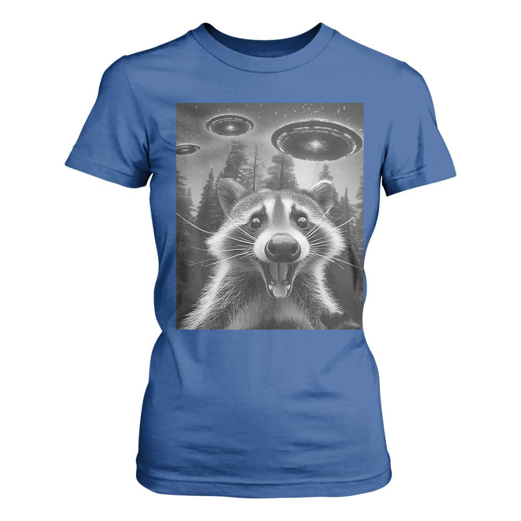 Racoon Meme T Shirt For Women Selfie With Alien UFO TS10 Royal Blue Print Your Wear