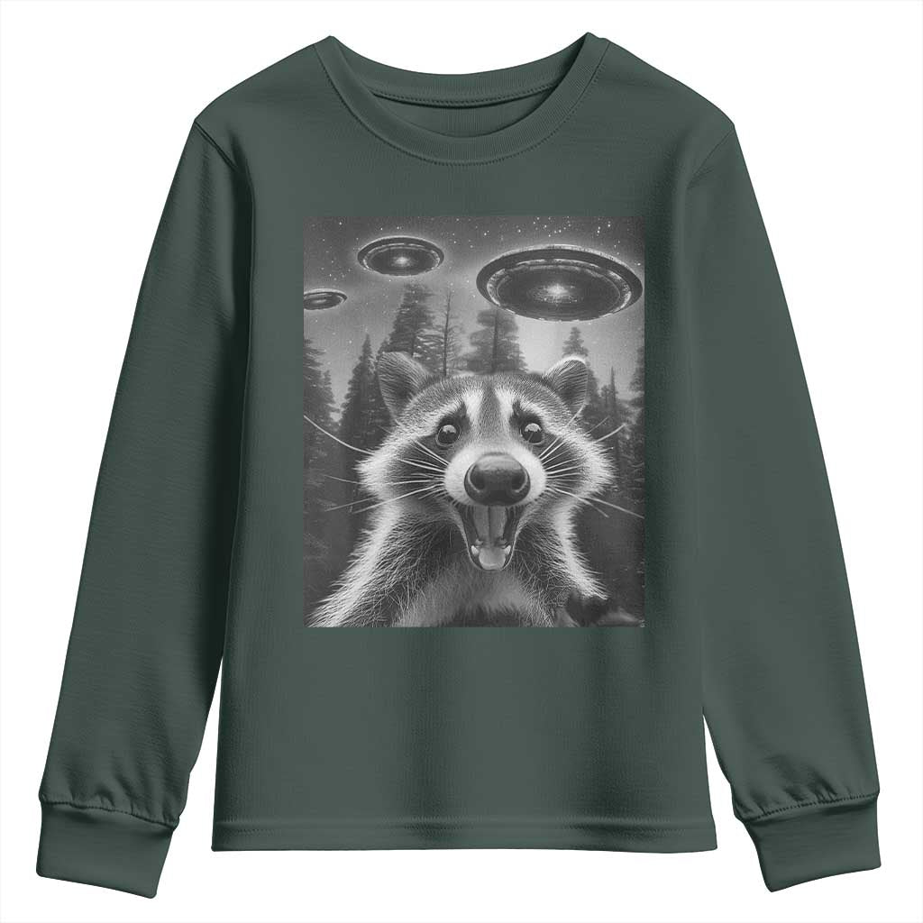 Racoon Meme Youth Sweatshirt Selfie With Alien UFO TS10 Dark Forest Green Print Your Wear