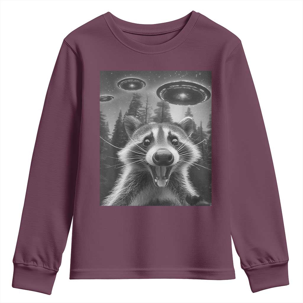 Racoon Meme Youth Sweatshirt Selfie With Alien UFO TS10 Maroon Print Your Wear