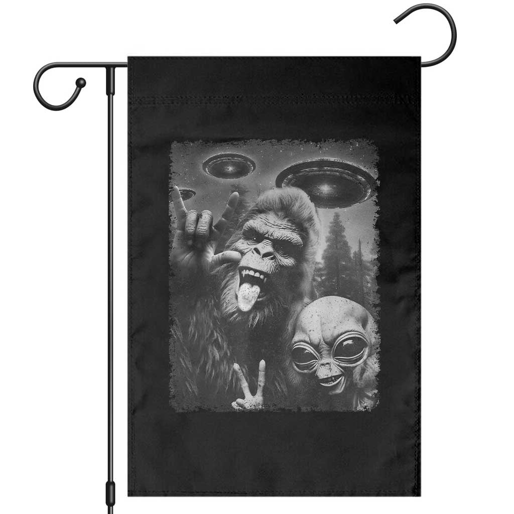 Bigfoot Selfie With Alien Garden Flag UFO Funny Sasquatch Rock On Hand Sign TS10 Black Print Your Wear