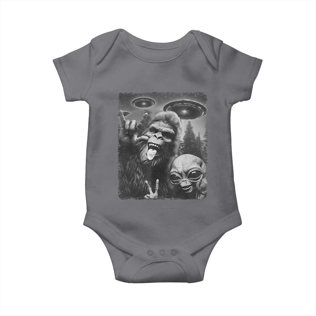 Bigfoot Selfie With Alien Baby Onesie UFO Funny Sasquatch Rock On Hand Sign TS10 Charcoal Print Your Wear