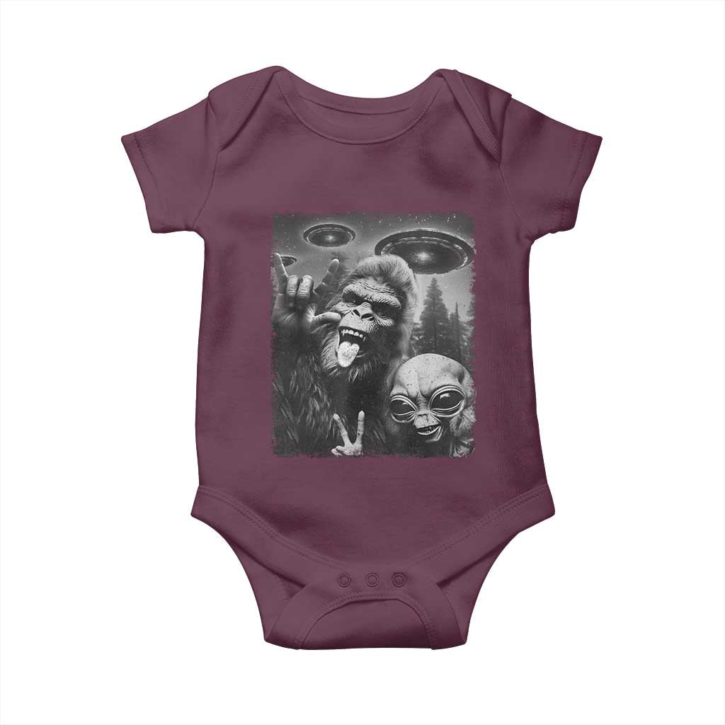 Bigfoot Selfie With Alien Baby Onesie UFO Funny Sasquatch Rock On Hand Sign TS10 Maroon Print Your Wear