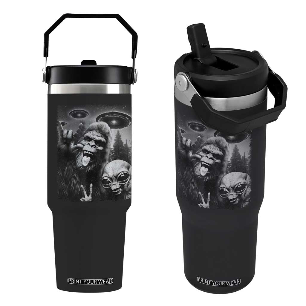 Bigfoot Selfie With Alien Flip Straw Tumbler UFO Funny Sasquatch Rock On Hand Sign TS10 One Size: 30 oz Black Print Your Wear
