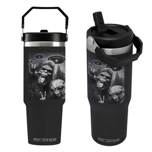 Bigfoot Selfie With Alien Flip Straw Tumbler UFO Funny Sasquatch Rock On Hand Sign TS10 One Size: 30 oz Black Print Your Wear