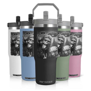 Bigfoot Selfie With Alien Flip Straw Tumbler UFO Funny Sasquatch Rock On Hand Sign TS10 Print Your Wear