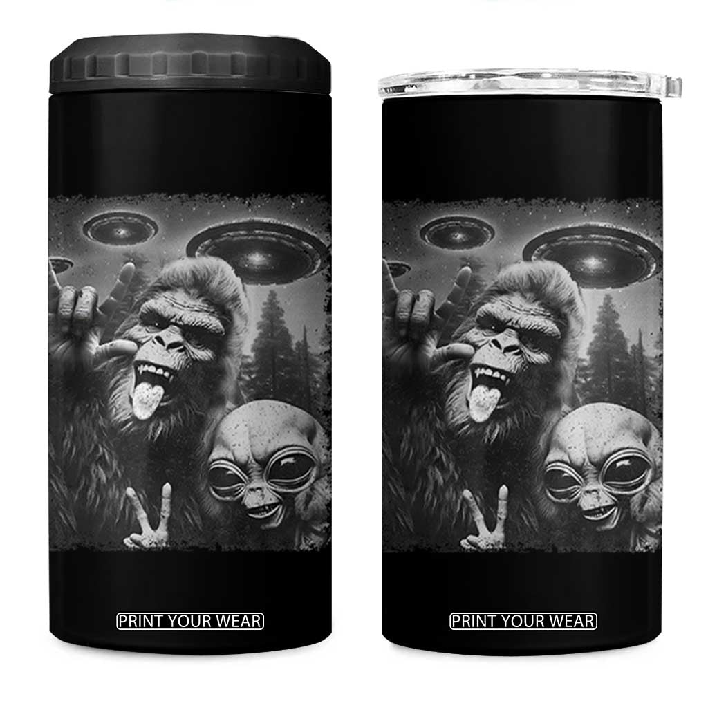 Bigfoot Selfie With Alien 4 in 1 Can Cooler Tumbler UFO Funny Sasquatch Rock On Hand Sign TS10 One Size: 16 oz Black Print Your Wear