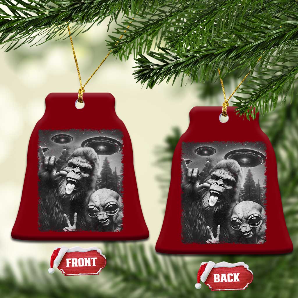 Bigfoot Selfie With Alien Ceramic Ornament UFO Funny Sasquatch Rock On Hand Sign - Print Your Wear