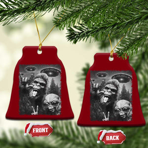Bigfoot Selfie With Alien Ceramic Ornament UFO Funny Sasquatch Rock On Hand Sign - Print Your Wear