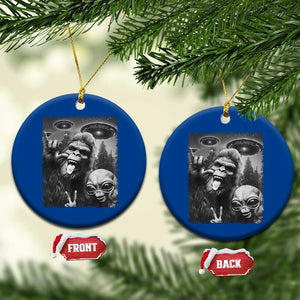 Bigfoot Selfie With Alien Ceramic Ornament UFO Funny Sasquatch Rock On Hand Sign - Print Your Wear