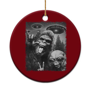 Bigfoot Selfie With Alien Ceramic Ornament UFO Funny Sasquatch Rock On Hand Sign - Print Your Wear