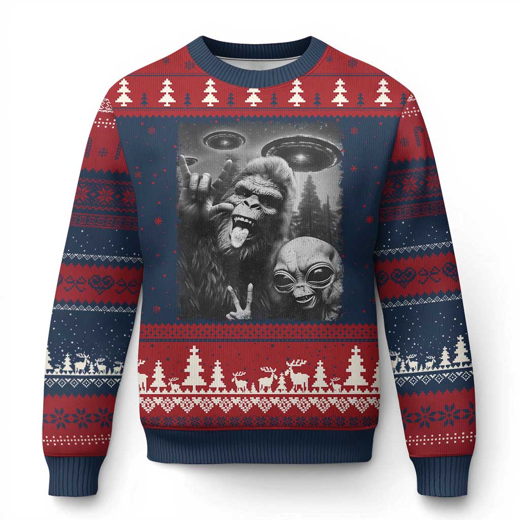 Bigfoot Selfie With Alien Ugly Christmas Sweater UFO Funny Sasquatch Rock On Hand Sign TS10 Navy Red Print Your Wear