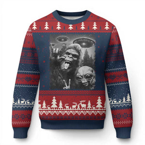 Bigfoot Selfie With Alien Ugly Christmas Sweater UFO Funny Sasquatch Rock On Hand Sign TS10 Navy Red Print Your Wear