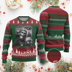 Bigfoot Selfie With Alien Ugly Christmas Sweater UFO Funny Sasquatch Rock On Hand Sign TS10 Red Green Print Your Wear
