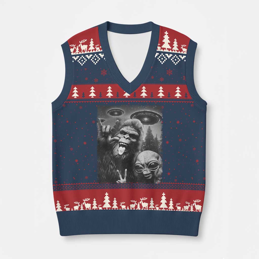 Bigfoot Selfie With Alien V-Neck Knit Sweater Vest UFO Funny Sasquatch Rock On Hand Sign TS10 Navy Red Print Your Wear