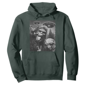 Bigfoot Selfie With Alien Hoodie UFO Funny Sasquatch Rock On Hand Sign TS10 Dark Forest Green Print Your Wear