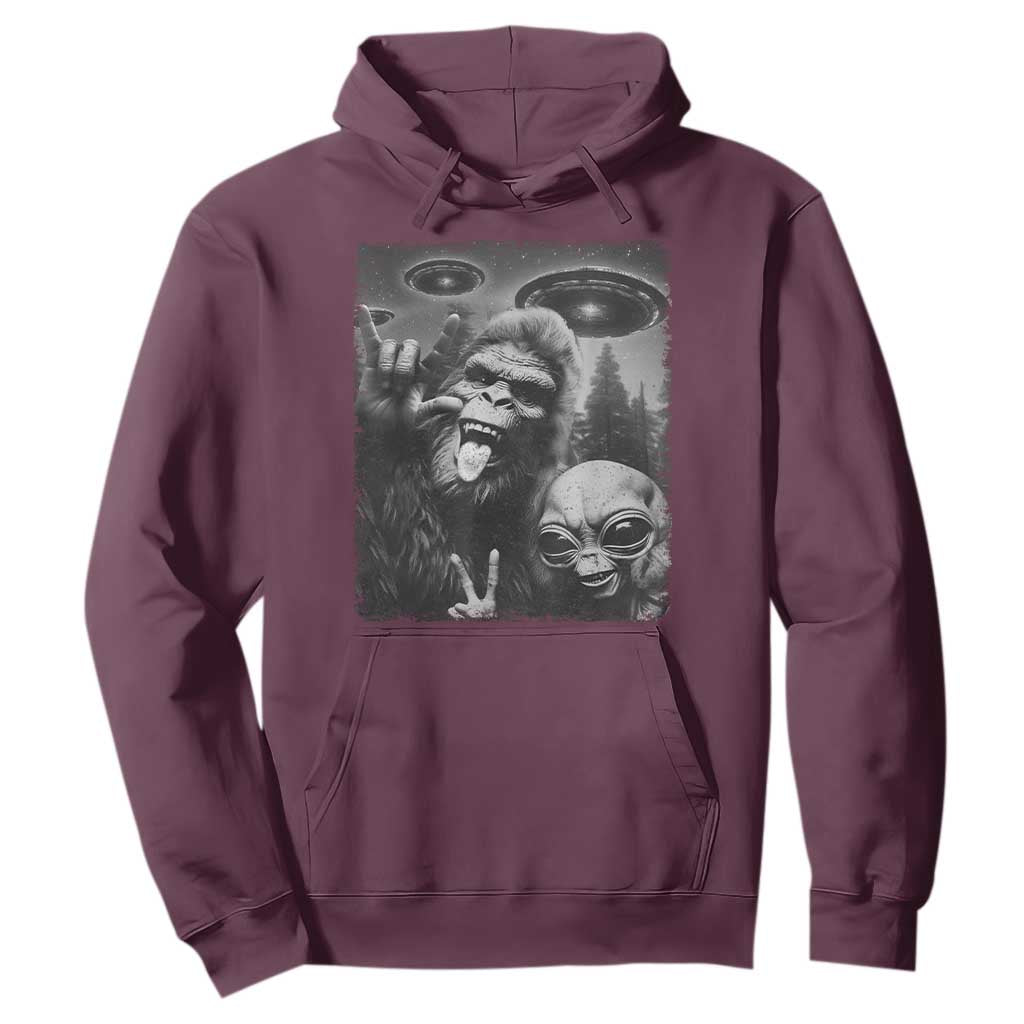 Bigfoot Selfie With Alien Hoodie UFO Funny Sasquatch Rock On Hand Sign TS10 Maroon Print Your Wear