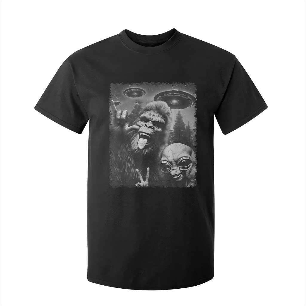 Bigfoot Selfie With Alien T Shirt For Kid UFO Funny Sasquatch Rock On Hand Sign TS10 Black Print Your Wear
