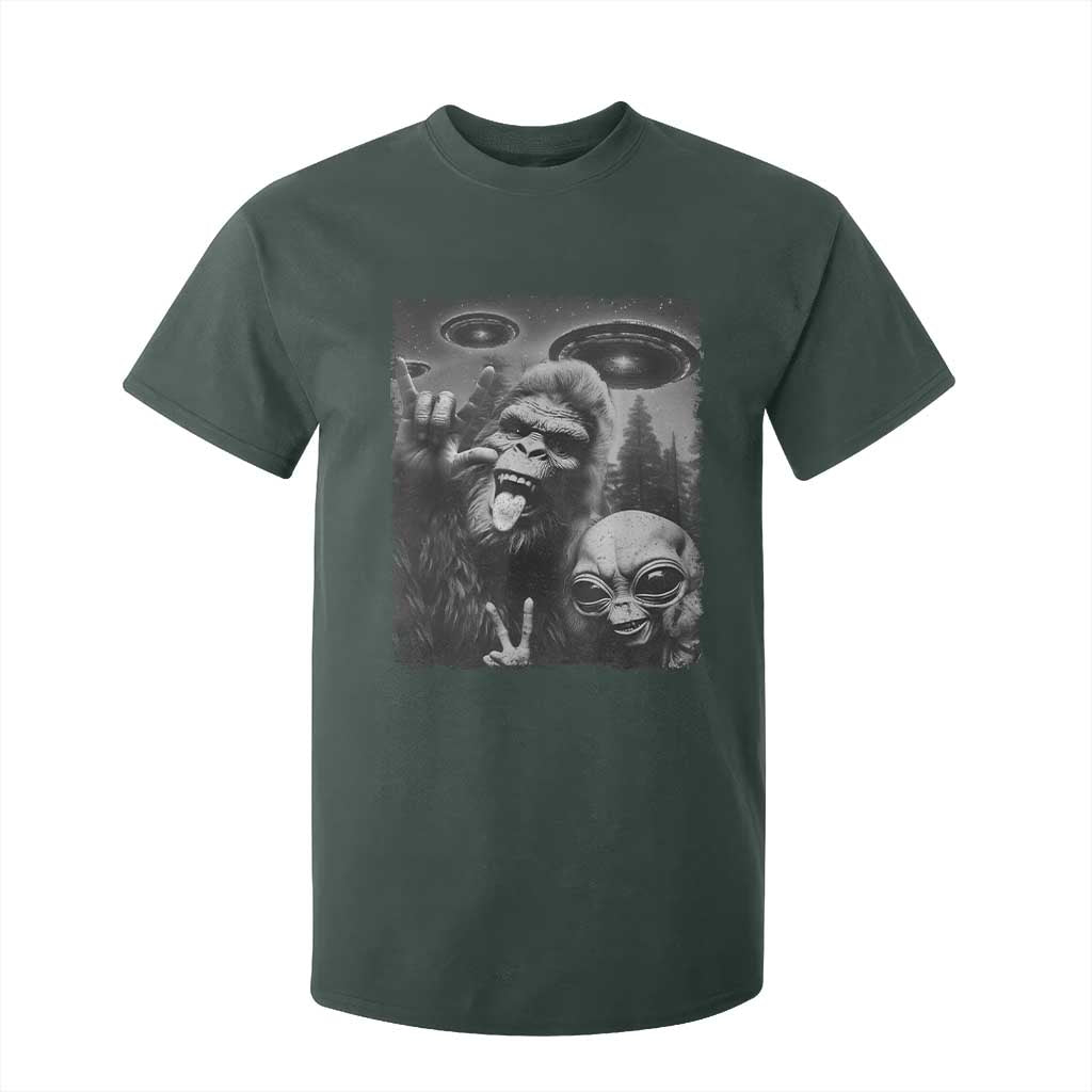 Bigfoot Selfie With Alien T Shirt For Kid UFO Funny Sasquatch Rock On Hand Sign TS10 Dark Forest Green Print Your Wear