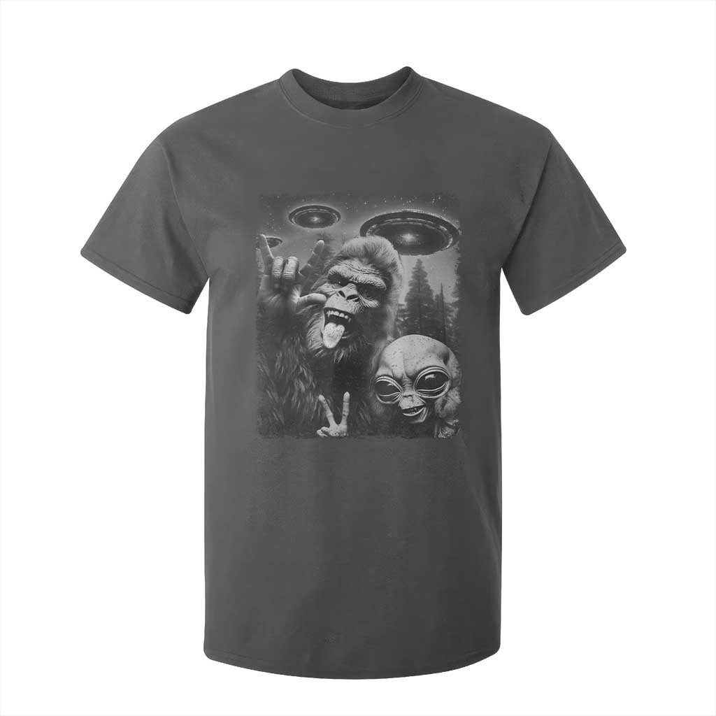 Bigfoot Selfie With Alien T Shirt For Kid UFO Funny Sasquatch Rock On Hand Sign TS10 Dark Heather Print Your Wear