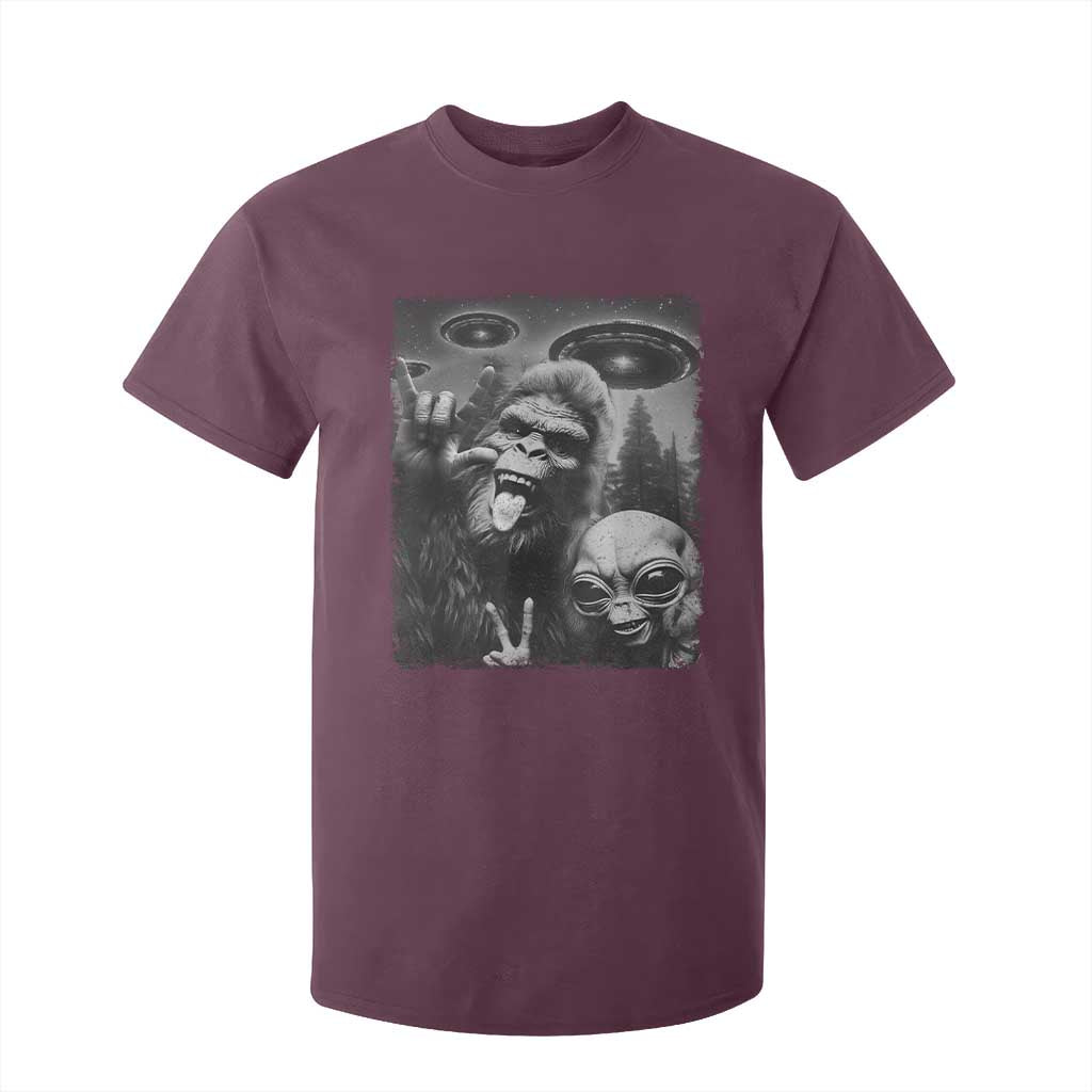 Bigfoot Selfie With Alien T Shirt For Kid UFO Funny Sasquatch Rock On Hand Sign TS10 Maroon Print Your Wear