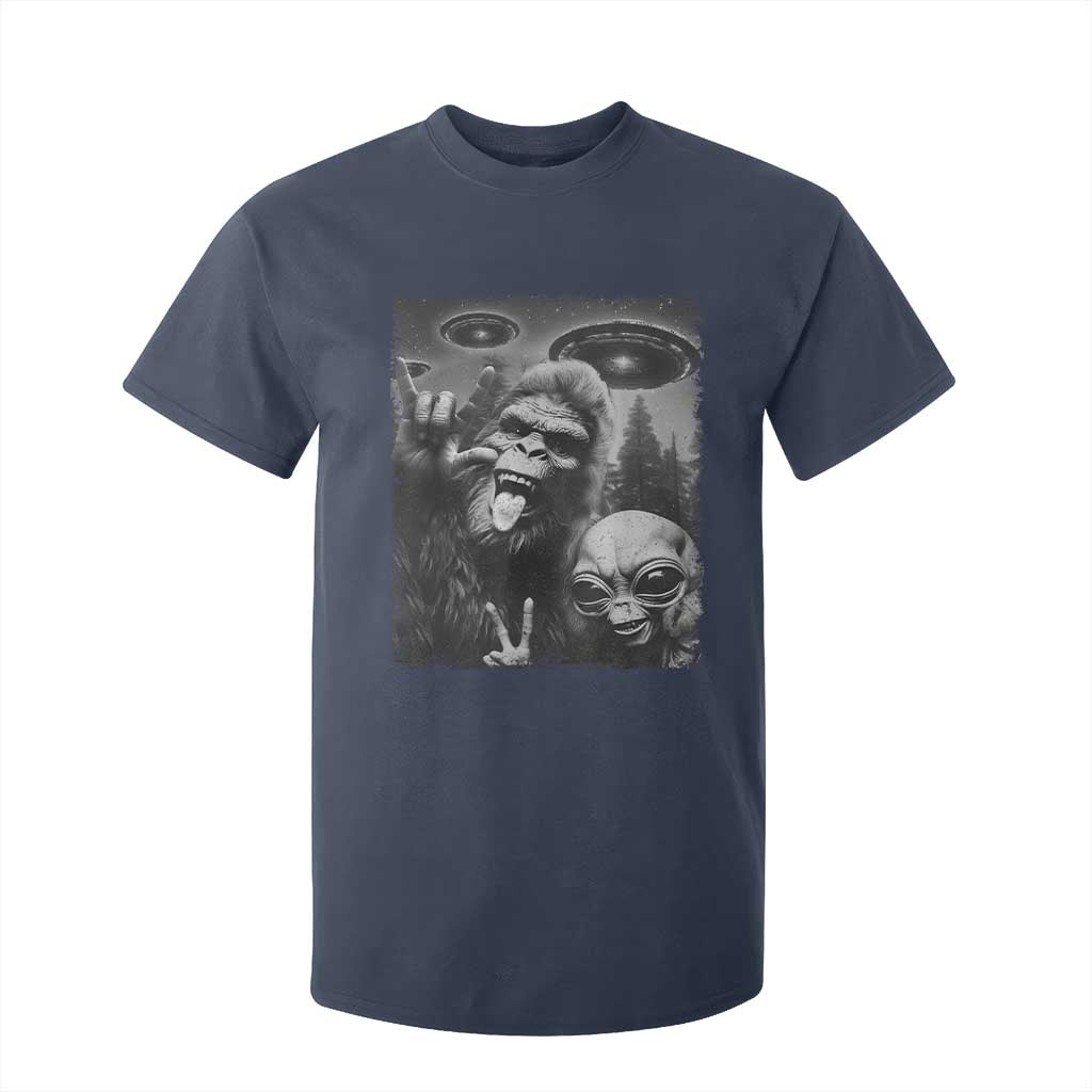Bigfoot Selfie With Alien T Shirt For Kid UFO Funny Sasquatch Rock On Hand Sign TS10 Navy Print Your Wear