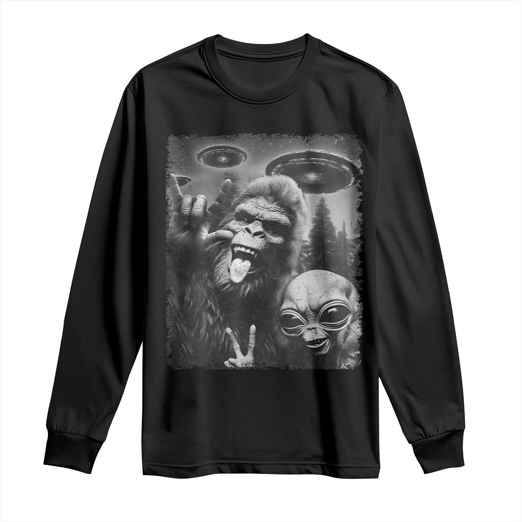 Bigfoot Selfie With Alien Long Sleeve Shirt UFO Funny Sasquatch Rock On Hand Sign TS10 Black Print Your Wear