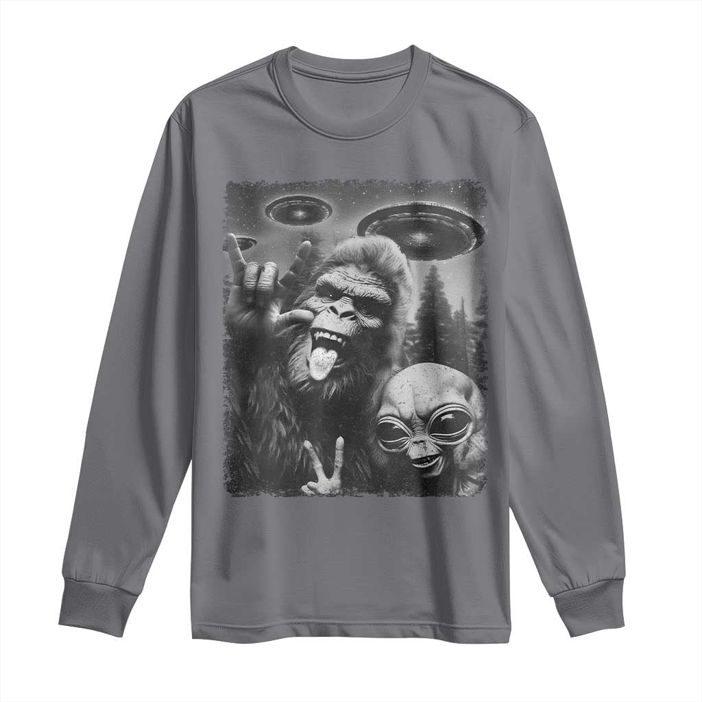 Bigfoot Selfie With Alien Long Sleeve Shirt UFO Funny Sasquatch Rock On Hand Sign TS10 Charcoal Print Your Wear