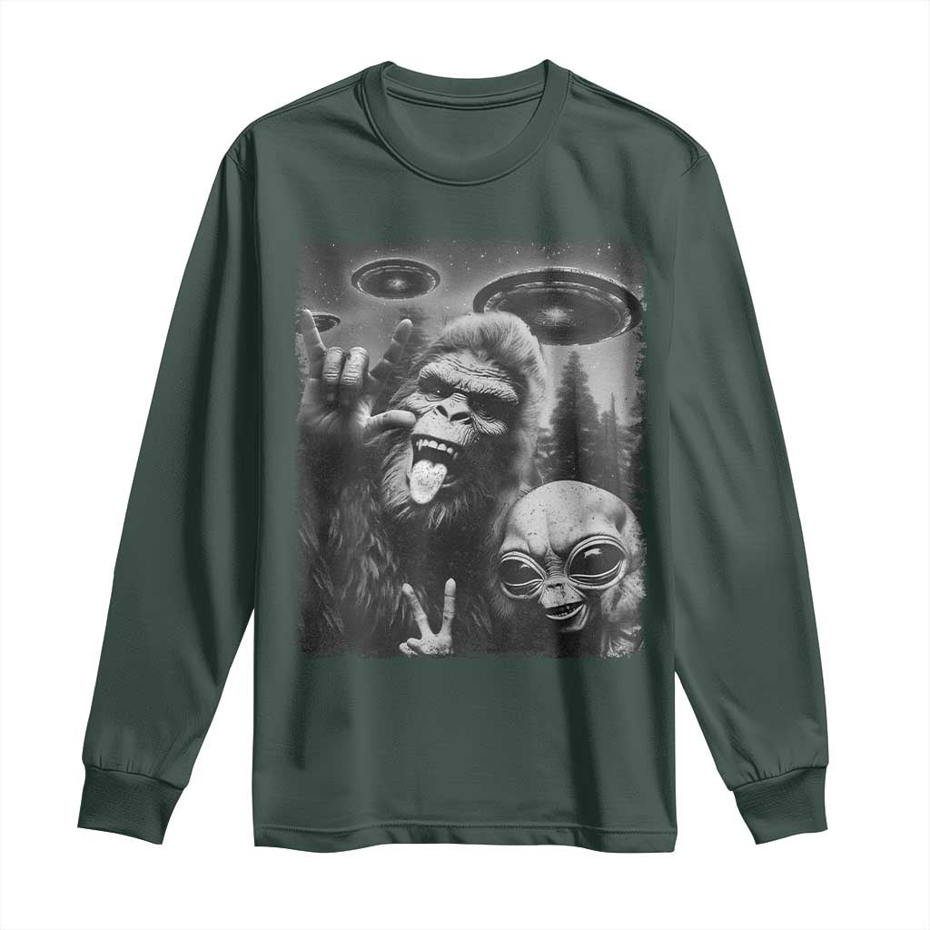 Bigfoot Selfie With Alien Long Sleeve Shirt UFO Funny Sasquatch Rock On Hand Sign TS10 Dark Forest Green Print Your Wear