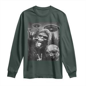 Bigfoot Selfie With Alien Long Sleeve Shirt UFO Funny Sasquatch Rock On Hand Sign TS10 Dark Forest Green Print Your Wear